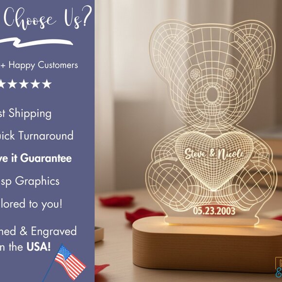 Custom 3D LED Name Light • Personalized Bear Valentine’s Gift for Her - Picture 4 of 8